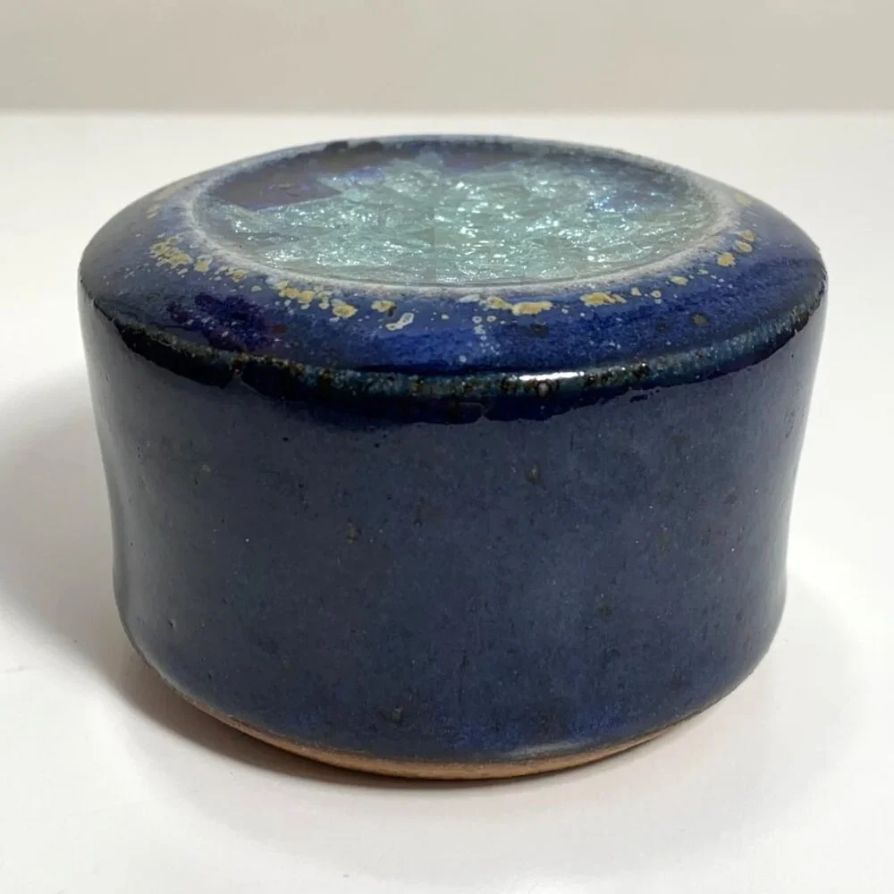 Salterra Spice Shaker Blue Ceramic Pottery w/ Geode Crackle Glass